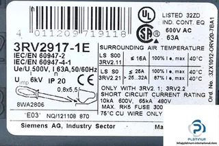Siemens 3RV2917-1E — Motor Protection Circuit Breakers (MPCB)